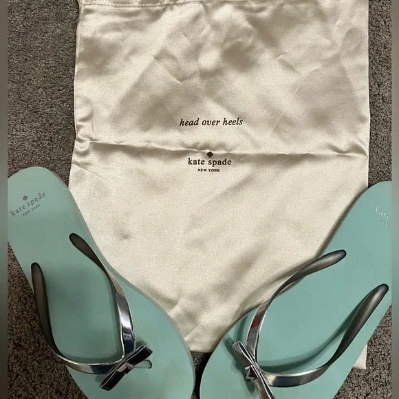 Kate Spade Happily Flip Flops Light Blue Eva Silver Bow Sz 7 - Picture 11 of 11